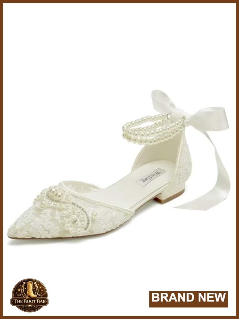 Pearl Lace Wedding Flats for Bride - Pointed Toe Bridal Shoes